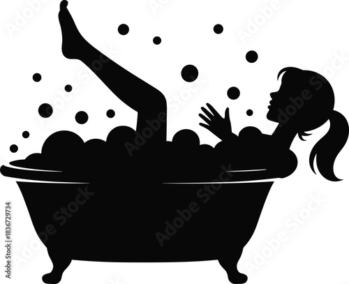 Silhouette of woman relaxing in bathtub with bubbles vector illustration for spa, wellness, hygiene, beauty, and self care design themes