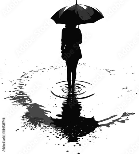 Silhouette of woman standing with umbrella in rain reflection vector illustration showing puddle, solitude, rainy weather, and artistic design