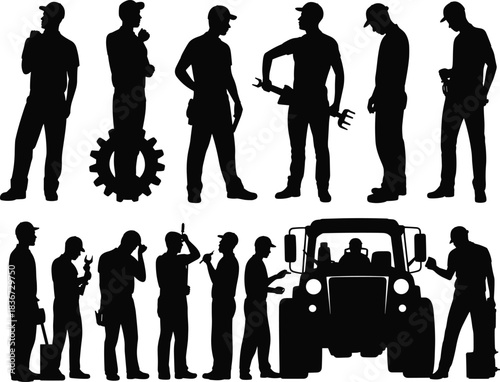 Silhouette of workers and mechanics with tools and machinery, representing industrial labor, teamwork, repair service, engineering, and construction workforce concept.