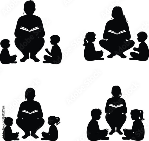 Silhouette parent reading book to children, family education vector illustration, learning together, storytelling concept, childhood development, school education, teacher and kids design