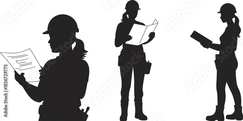 Silhouette vector illustration of female engineers wearing safety helmets and holding blueprints, representing construction, architecture, engineering, and project planning concepts.