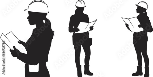 Silhouette vector illustration of women engineers in safety helmets reviewing blueprints, representing construction, architecture, engineering, and project planning design concepts.