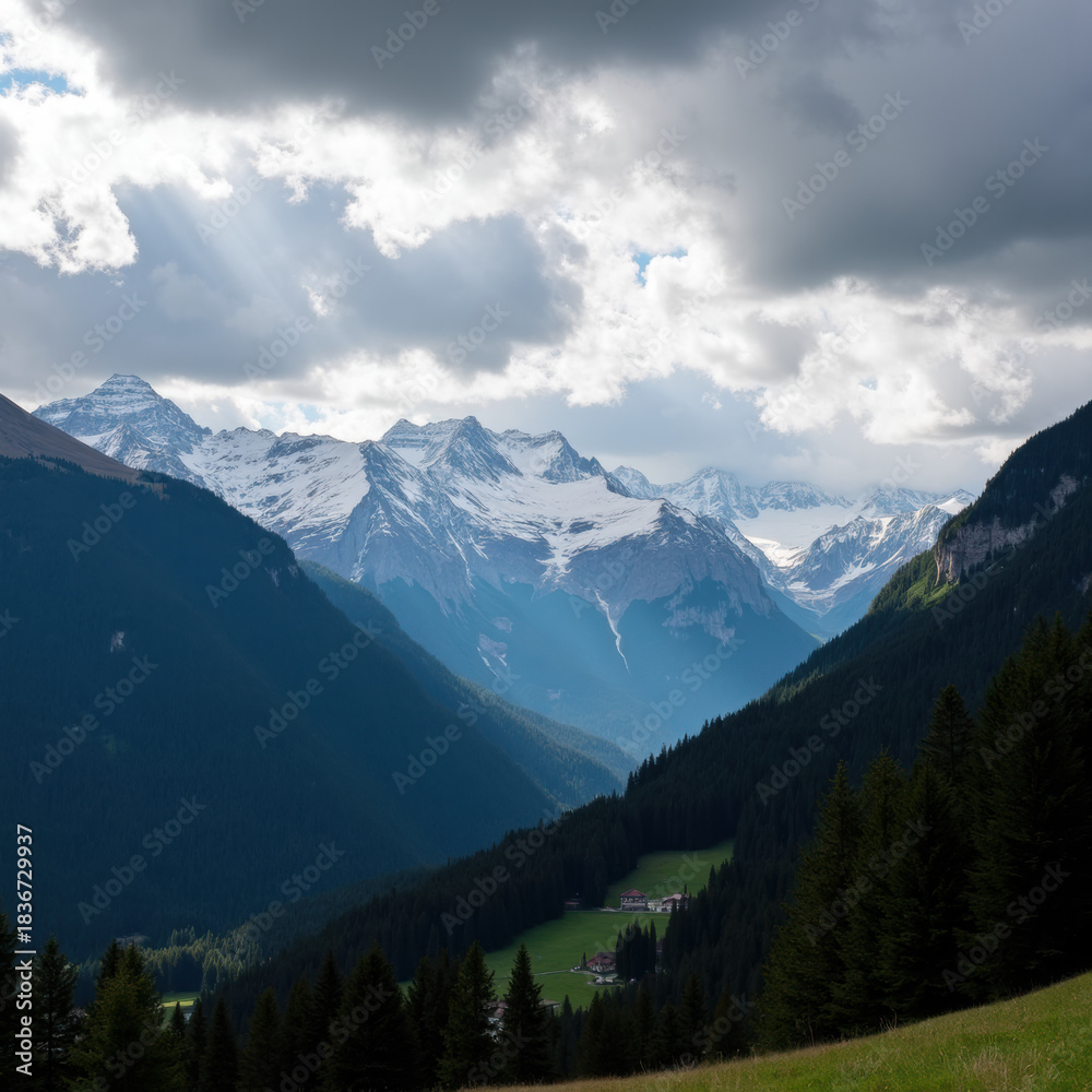 Obraz premium View of snowcapped mountains and serene forests under a dramatic sky