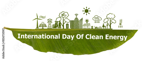 International Day of Clean Energy text and icons on green leaf and on blue sky background.