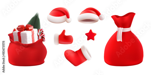 3D Santa Claus red bag with wrapped gift, secret New Year present. Christmas tree, candy cane and star decoration in pouch sack. Realistic vector. Holiday accessory set, hat and cap, sock and mittens