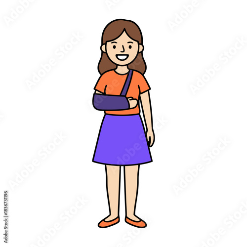 Young Woman with Ponytail Wearing Orange T-shirt and Purple Skirt with Arm Sling on Her Left Arm Standing Against Black Background Simple Illustration