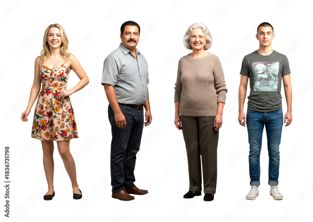Obraz premium Four diverse individuals of different generations stand together, a young woman, a middle-aged man, an elderly woman, and a young man, all smiling confidently