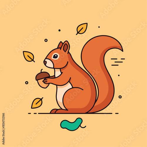 Charming cartoon squirrel happily clutching a perfect acorn among falling autumn leaves