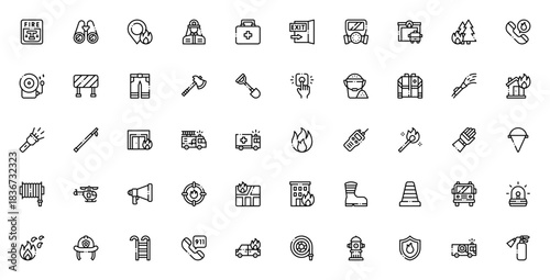 Firefighter icon set. Vector illustration. Emergencyand safety symbols includig fire alarm, fire truck, xtinguisher, helmet, hose,hydrant, ambulance, and moe.