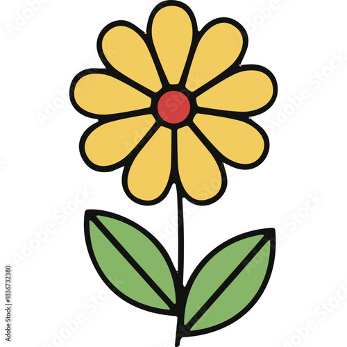 Simple Yellow Flower With Red Center And Green Leaves On Black Background Stylized Illustration