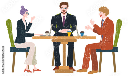 カジュアルにディスカッションをする３人の男女（水彩風イラスト）