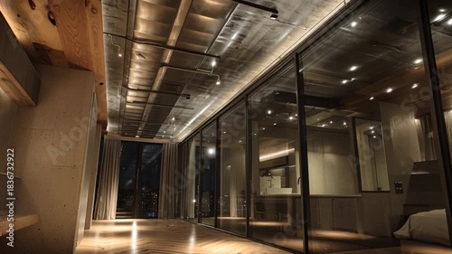 Modern Luxury Apartment Interior with Glass Walls and Ambient Lighting.