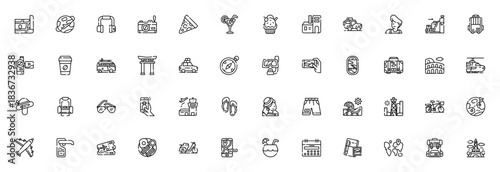 Travel icon set. Vector illustration. Includes symbos for airplane, beach, suicase, map, camera, globe, ackpack, taxi, train, smarphone and more.