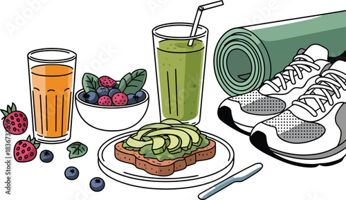 Healthy lifestyle elements including fresh fruit smoothies berries and athletic shoes