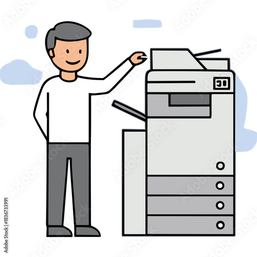 Smiling Man in White Shirt Interacting with a Modern Office Photocopier Machine in a Clean Environment with Light Blue Cloud Accents Indicating Digital Functionality