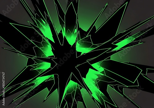 Green neon polygonal burst or crystal formation abstract background