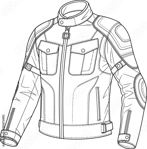 Black and white vector motorcycle jacket illustration with protective padding, zip pockets, high collar, reinforced elbows, fashion safety gear design