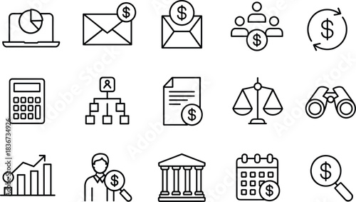 Business and finance line icons set for banking, investment, planning, analysis, audit, reporting, forecasting, and economic strategy visuals.