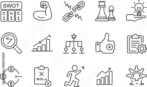 Business strategy icons set including innovation, leadership, planning, growth, analysis, productivity, finance, teamwork, motivation, and process management