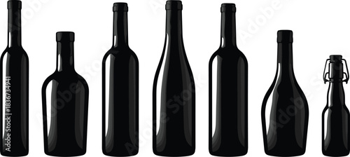 Bottle silhouettes, black bottle shapes, beverage packaging, wine bottle icons, liquor container design, drink branding, alcohol bottle vector, minimalist style