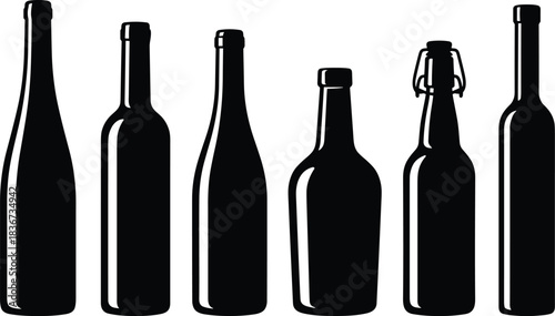 Bottle silhouettes, beverage packaging, drink container shapes, black icons, swing top bottle, branding design, vector illustration, isolated, alcohol, soda