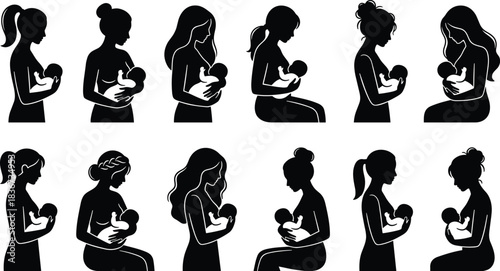 Breastfeeding silhouettes, maternal care, mother and baby bond, nurturing women, infant feeding, motherhood love, black profile art, parenting illustration