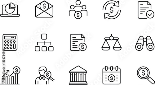 Finance and business line icons set for banking, accounting, investment, planning, analysis, reporting, audit, and economic strategy visuals.