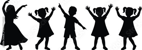 Children silhouette, dancing kids, playful pose, joyful movement, black outline, expressive gesture, childhood fun, artistic style, happy moment, group activity