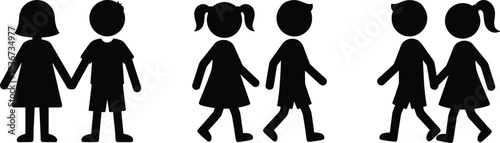 Children silhouette, kids holding hands, walking together, gender diversity, playful interaction, black icons, social bonding, educational design, vector illustration, friendship
