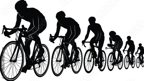 Cyclists racing in silhouette, road biking group, competitive cycling motion, teamwork in sport, outdoor fitness, black white contrast image