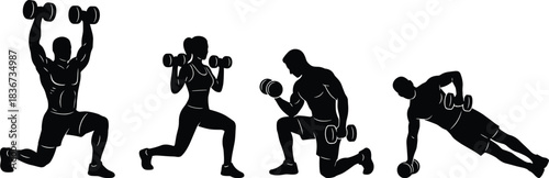 Dumbbell workout, strength training, fitness silhouette, exercise routine, lunge pose, bicep curl, side plank, gym movement, core stability, muscle building