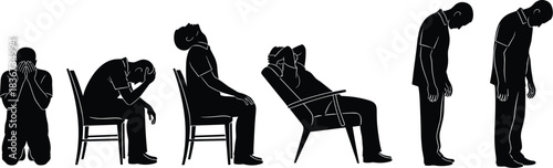 Emotional stress, mental health, depression, burnout, anxiety, silhouette posture, psychological pain, sadness, fatigue, despair, trauma, exhaustion, hopelessness, grief, loneliness, isolation