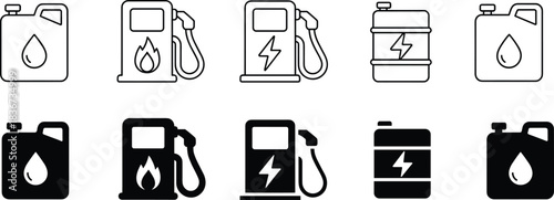 Fuel and energy icons featuring jerrycan, gas pump, barrel, flame, lightning bolt in outline and solid black vector styles.