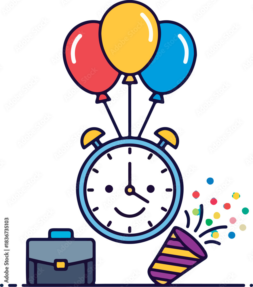 Obraz premium Celebrate break time with a happy clock, balloons, briefcase, and confetti for office fun