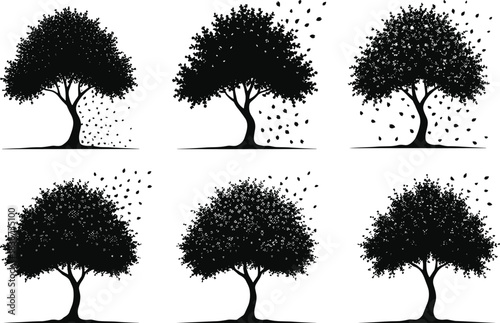 Silhouette tree shedding leaves in motion sequence, seasonal foliage dispersion vector art for nature, autumn, environment, and landscape design.