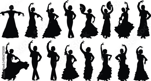 flamenco dancer silhouette, spanish dance pose, traditional dress, black silhouette art, expressive movement, cultural dance, elegant posture, fan gesture