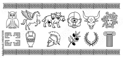 Ancient Greek mythology icons set with linear vector illustrations of mythical creatures monsters and symbols including Pegasus Medusa Spartan helmet and columns