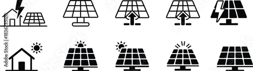 Solar energy icons set with panels, houses, sun, lightning bolt, renewable power symbols for eco-friendly electricity generation concepts.