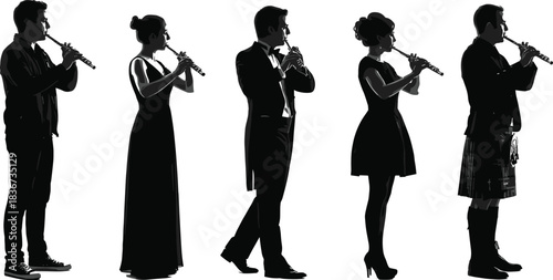 Flute players in diverse attire, cultural music expression, silhouette musicians, traditional and modern clothing, artistic diversity, global performance styles, unity through music
