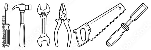 Construction and repair hand tools collection vector line art icon set including hammer screwdriver wrench pliers and saw