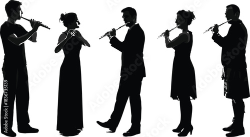 Flute players silhouette, musical diversity, cultural attire, formal wear, artistic performance, gender balance, blue outline, unity in music, elegant ensemble, stage presence