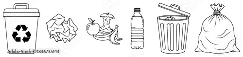 Linear waste and recycling vector icons set featuring trash bin crumpled paper organic food waste plastic bottle and garbage bag
