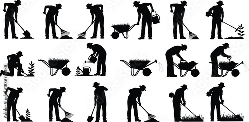 gardening, landscaping, shovel, rake, watering, planting, wheelbarrow, soil, outdoor, agriculture, farmer, garden tools, backyard, horticulture, spring, nature, manual labor, silhouette