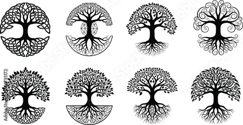 Tree of Life vector set with symmetrical roots, branches, circular design, spiritual nature art, black silhouette, decorative elements