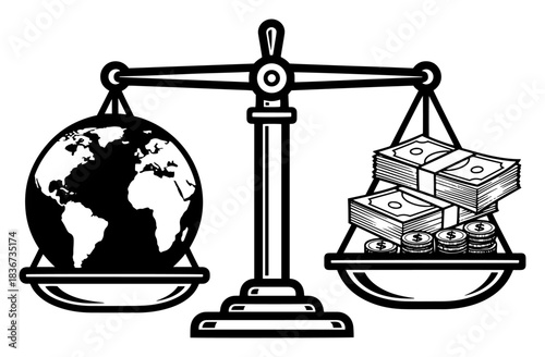 Balance scale weighing Earth globe against money piles vector illustration concept of ecology versus economy