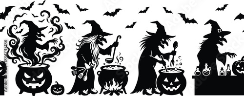 Halloween witches brewing potions, spooky cauldrons, magical ingredients, bats flying, jack-o'-lanterns, eerie kitchen, fantasy illustration, enchanted night scene