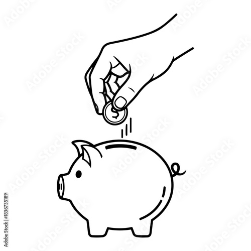 Hand putting coin into piggy bank vector line art illustration for saving money concept