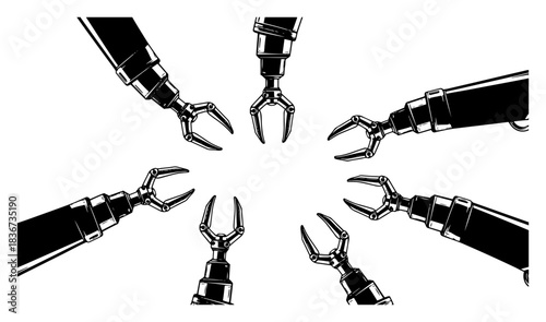Industrial robotic arms circle frame vector illustration featuring mechanical claws and automation technology