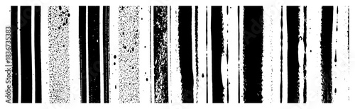Set of grunge vertical stripes and rough brush strokes with distressed black texture