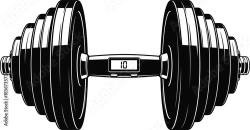 Modern digital dumbbell with smart weight display, fitness technology innovation, gym equipment vector for workout, training, health and exercise themes.